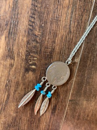 Vintage Buffalo Indian Head Nickel Pendant Necklace Turquoise 3 Feathers Silver