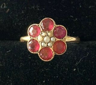 Antique Victorian 14k Solid Gold Natural Rubies & Seed Pearls Engagement Ring