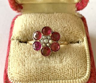 ANTIQUE VICTORIAN 14K SOLID GOLD NATURAL RUBIES & SEED PEARLS ENGAGEMENT RING 2