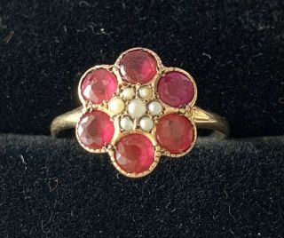 ANTIQUE VICTORIAN 14K SOLID GOLD NATURAL RUBIES & SEED PEARLS ENGAGEMENT RING 3