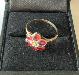 ANTIQUE VICTORIAN 14K SOLID GOLD NATURAL RUBIES & SEED PEARLS ENGAGEMENT RING 4