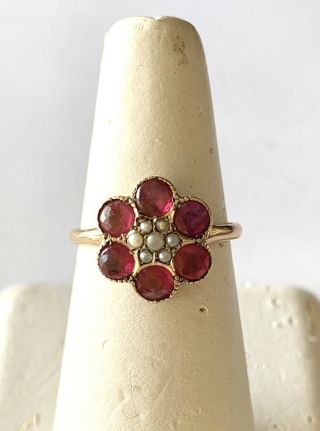 ANTIQUE VICTORIAN 14K SOLID GOLD NATURAL RUBIES & SEED PEARLS ENGAGEMENT RING 5