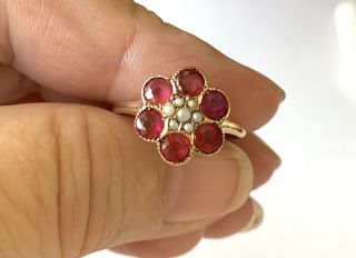 ANTIQUE VICTORIAN 14K SOLID GOLD NATURAL RUBIES & SEED PEARLS ENGAGEMENT RING 6