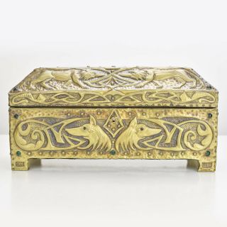 Antique French Art Nouveau Repoussed Brass Wood Trinket Box Alfred Daguet Style