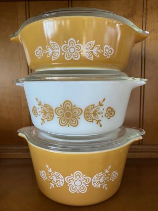 Vintage Pyrex Gold And White Dishes 1972 Butterfly Pattern 471 - - 472 - - 473 W/cover