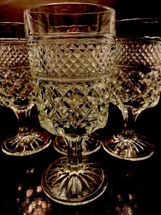Vntg Set Of 4 Anchor Hocking Wexford Diamond Cut Stemmed Drinking Glasses 8 Oz