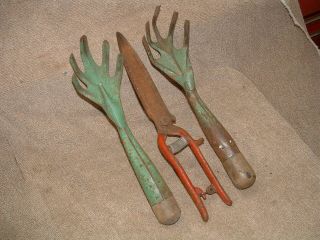 Vintage Antique Grass Clippers & 2 Digging Weeding Fork Claw Garden Tools Usa