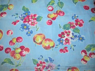 Vtg 35x35 Blue W Red Yellow Fruit Flowers Feedsack Style Fabric Craft Repurpose