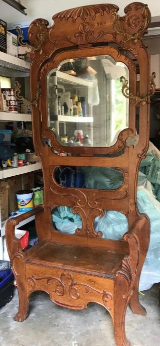 Antique Oak Hall Tree Beveled Mirror 1900 Lovely Carving 82” Tall Local Pickup