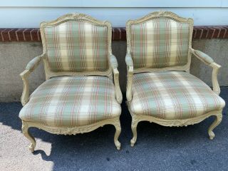 Pair Carved French Louis Xv Style Open Arm Chairs Upholstery By Sherrill