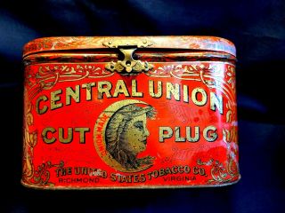 Antique Central Union Cut Plug Tin Tobacco Handled Box
