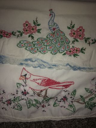 Vintage Embroidered Cotton Pillowcases With Bobbin Lace Peacock Cardinal Set 2