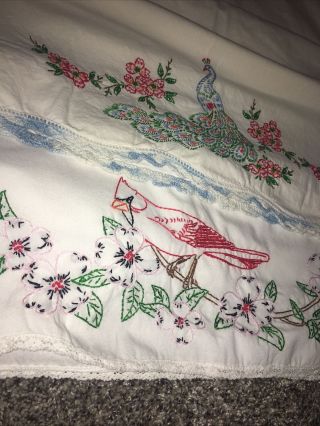 Vintage Embroidered Cotton Pillowcases With Bobbin Lace Peacock Cardinal Set 2 2