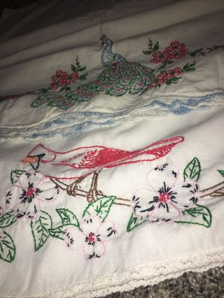 Vintage Embroidered Cotton Pillowcases With Bobbin Lace Peacock Cardinal Set 2 3