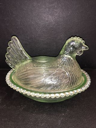 Vintage Indiana Glass Light Green Chicken Hen On Nest Covered Dish,