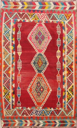 Antique Tribal Geometric Kilim Red Area Rug Hand - Woven Oriental Wool Carpet 5x8