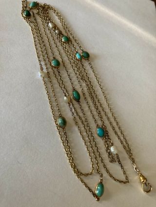Antique Victorian 14k Yellow Gold Turquoise Pearl Station Watch Chain Necklace