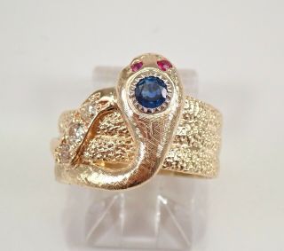 Vintage Antique 14k Yellow Gold Diamond Ruby Sapphire Snake Ring Size 7.  5