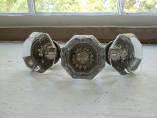 3 Vintage Antique Octagonal Glass Door Knobs All Have Marks Please Read