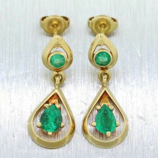 Vintage Estate 18k Yellow Gold 1.  50ctw Colombian Emerald Dangle Earrings