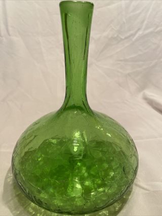 Vintage Blenko Handcraft Green Crackle Glass Decanter No Stopper 2