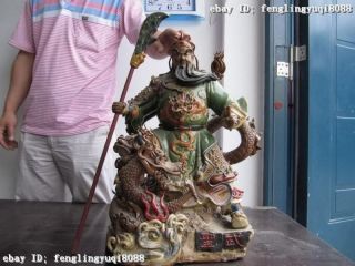 China Pottery Wucai Porcelain Ride On Dragon Guang Gong Guan Yu Warrior Statue