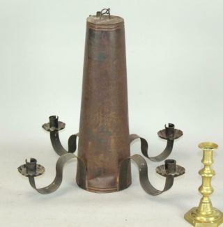 A Fantastic Early 19th C Tin Hanging Four Candle Chandelier In Surface