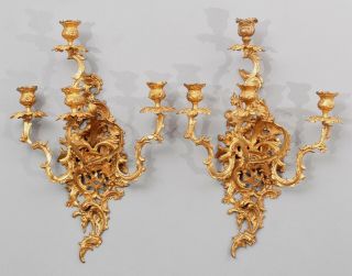 Pair Large Quality Gold Gilt Bronze,  French Louis Xv Style Candle Wall Sconces
