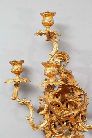 Pair Large Quality Gold Gilt Bronze,  French Louis XV Style Candle Wall Sconces 2