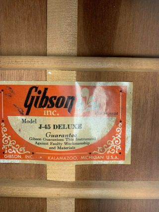 1970s sunburst Gibson j - 45 deluxe acoustic guitar for repair 5
