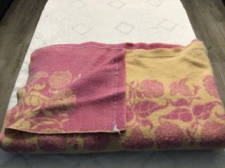 Vintage 100 Wool Floral Blanket 66” X 50” Wide Pink & Yellow Bright