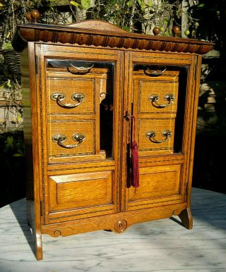 C1900 Antique English Inlaid Tiger Oak Smokers Cabinet Desktop Cabinet 20 " By 16 "