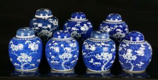 7x Antique Chinese Blue And White Prunus Blossom Porcelain Ginger Jar & Lid