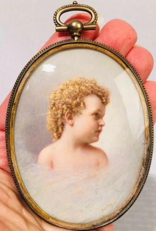 Antique 19th C Miniature Portrait Painting Of Deceased Child Signed Horton 1890