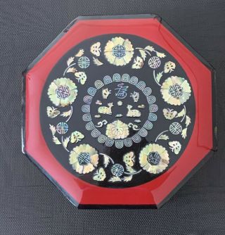 Vintage Asian Lacquer Mother Of Pearl Inlay Octagon Bento Box Valentines’s Gift