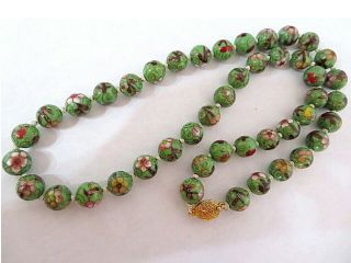 Vintage Chinese Export Cloisonne Green Enamel Floral Bead Necklace