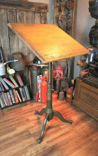 Antique Industrial Drafting Table With Wing Nuts & Cast Iron Base