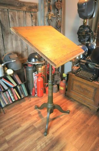 Antique Industrial Drafting Table with Wing Nuts & Cast Iron Base 3