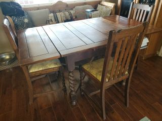 English Antique Oak Barley Twist Draw Leaf Kitchen Dining Table With 4 Chairs