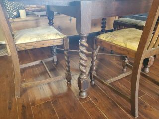 English Antique Oak Barley Twist Draw Leaf Kitchen Dining Table with 4 chairs 2