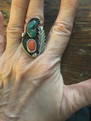 Early Vintage Navajo Turquoise & Coral Sterling Silver Ring Old - Signed - - Nr