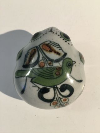 Vintage Mexican Folk Art Pottery Smiling Frog W Bird Figurine Tonala El Palomar
