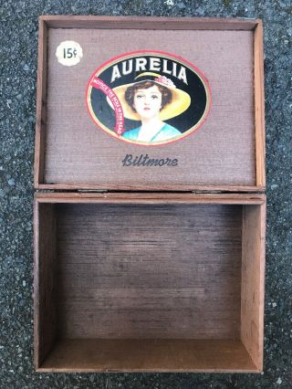 Antique 1935 15 Cents Biltmore Aurelia Brown Wood Wooden Cigar Box Vintage