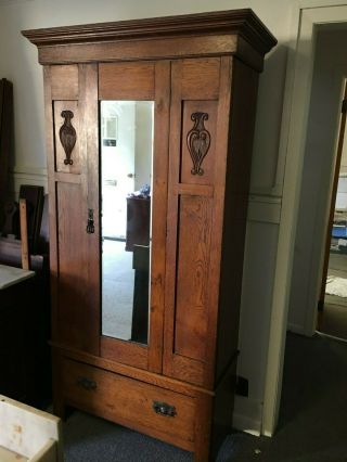 Oak Single Door Armoire With Mirror