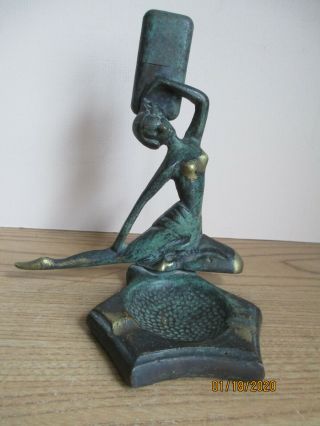 Judaica Israel Brass/bronze Ashtray Woman Figure Of A Dancer Holding Lighter