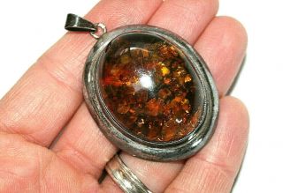 Vintage Middle Eastern Sterling Silver Baltic Amber Pendant Large 2 3/8 " Ct
