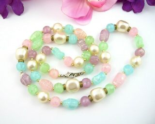PRETTY PASTELS Beaded Necklace Vintage Wispy White Lines Green Blue Pink Rose 2