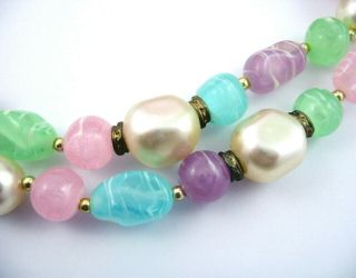 PRETTY PASTELS Beaded Necklace Vintage Wispy White Lines Green Blue Pink Rose 3