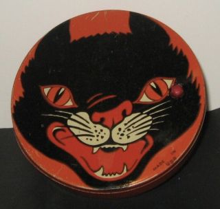 Vtg.  Halloween Black Cat Tin Litho Noisemaker Shaker Clicker Wood Handle U.  S.  A.