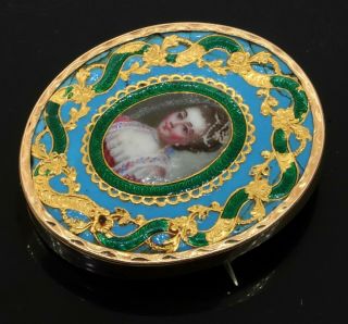 Antique 14k Yellow Gold Hand Painted Cameo And Enamel Brooch